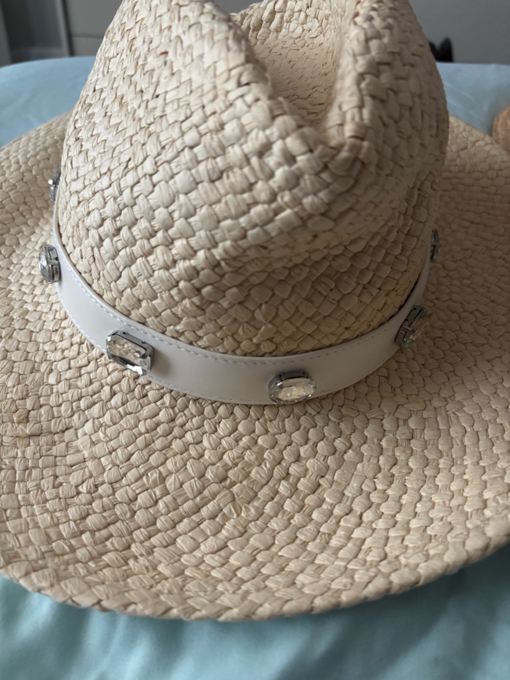 Steve Madden Natural Straw Fedora with White Jewel Band